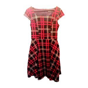 PUKAVT Red Black Plaid 1950s Retro Swing Dress Pockets Cap Sleeve Rockabilly L